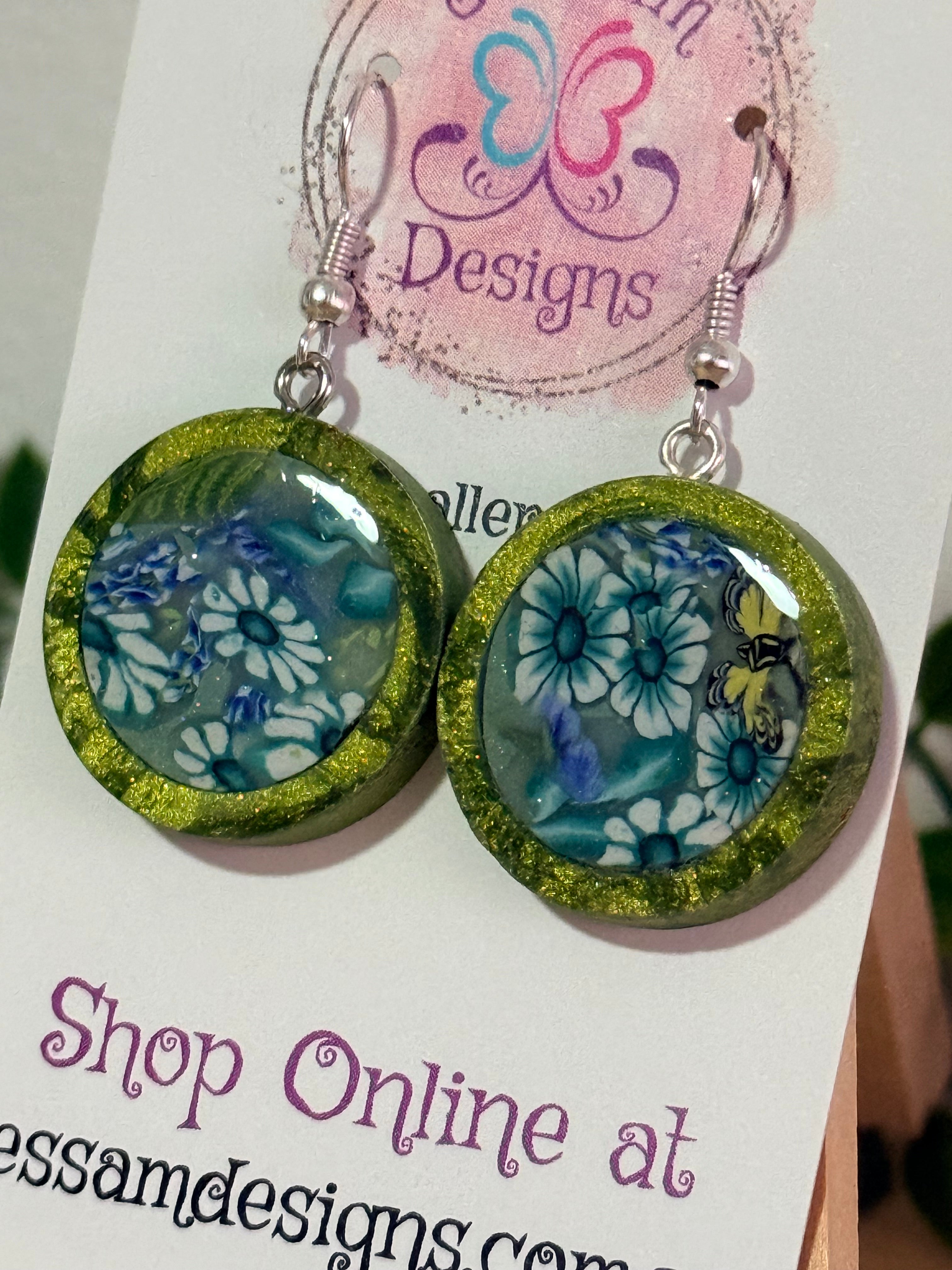 Handmade Flower Butterfly Polymer Clay Inlay Dangle Earrings.