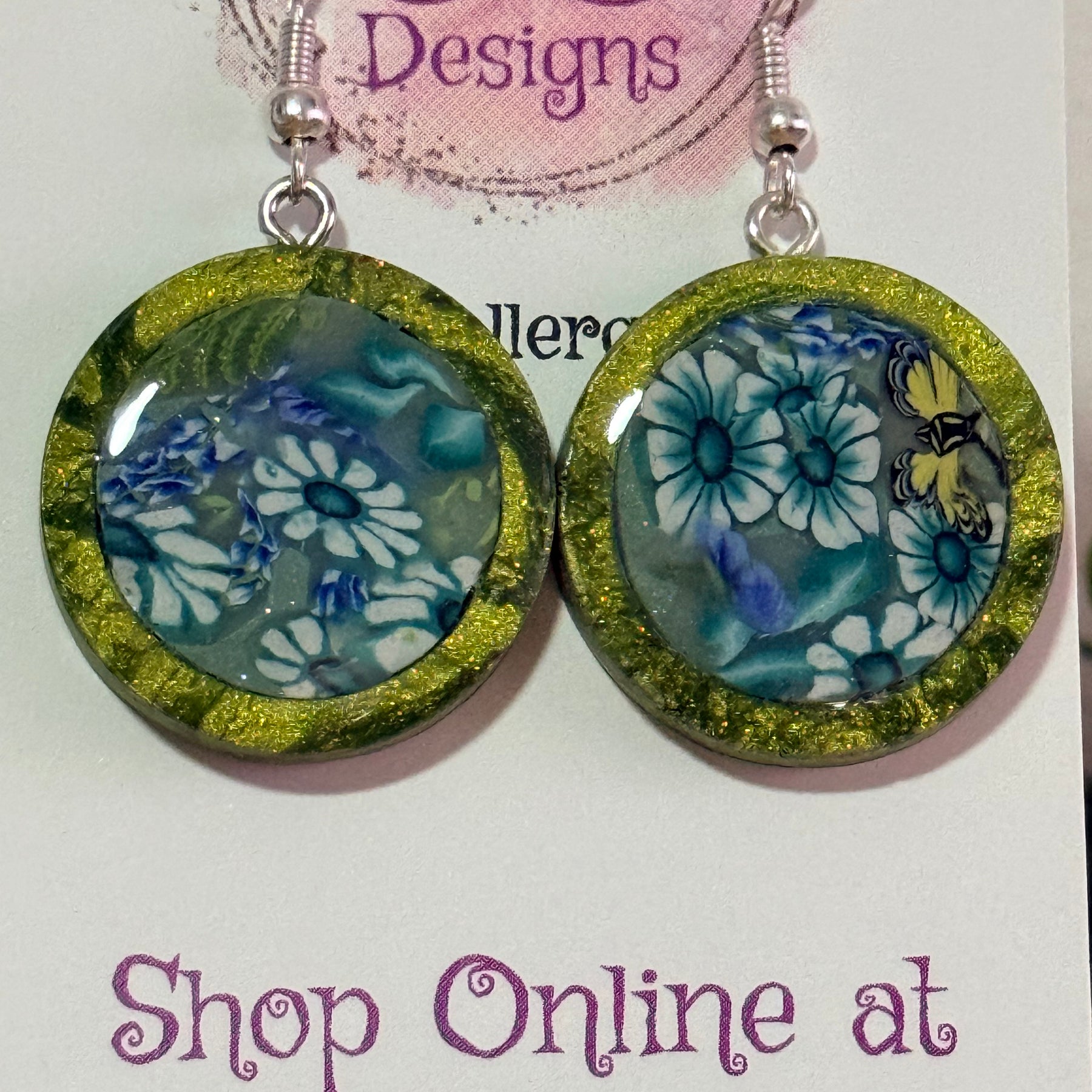 Handmade Flower Butterfly Polymer Clay Inlay Dangle Earrings.