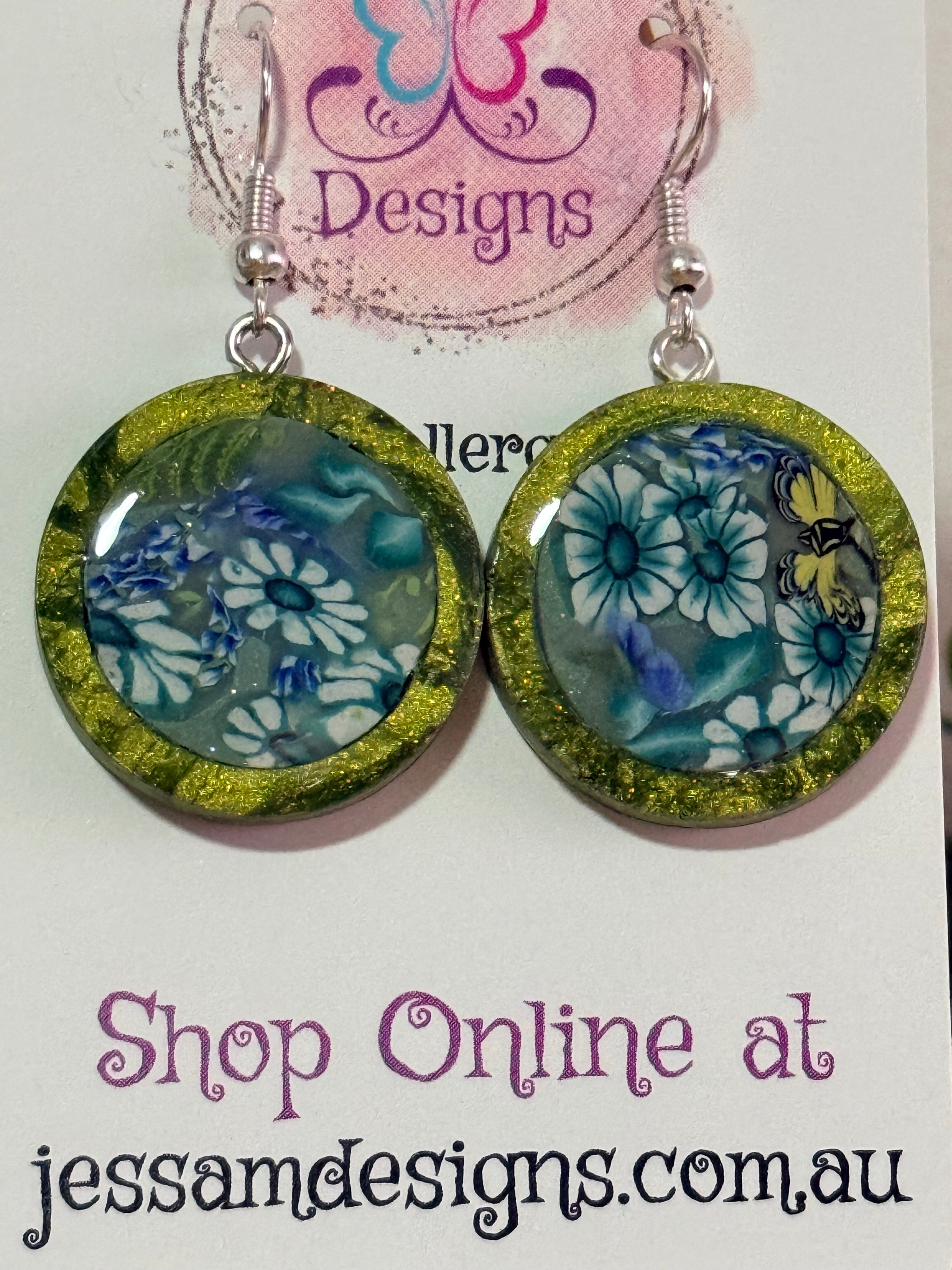 Handmade Flower Butterfly Polymer Clay Inlay Dangle Earrings.