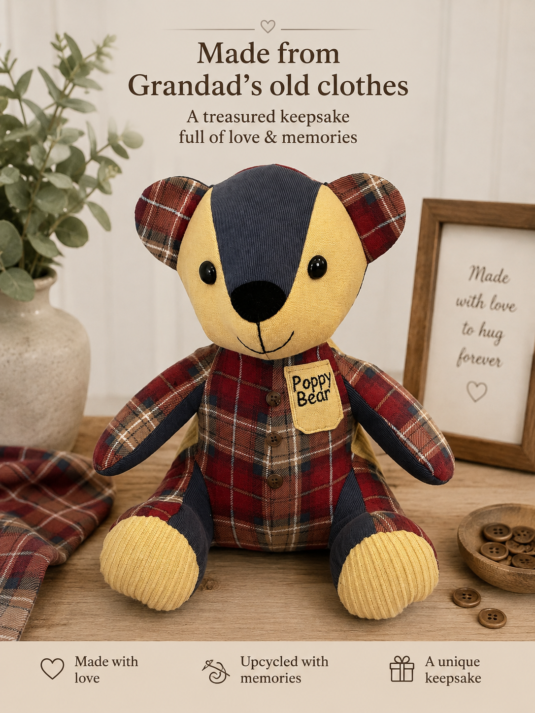Custom Memory Bear – Made from Your Loved Ones Clothes | Keepsake Teddy Bear | Remberence Teddy Bear