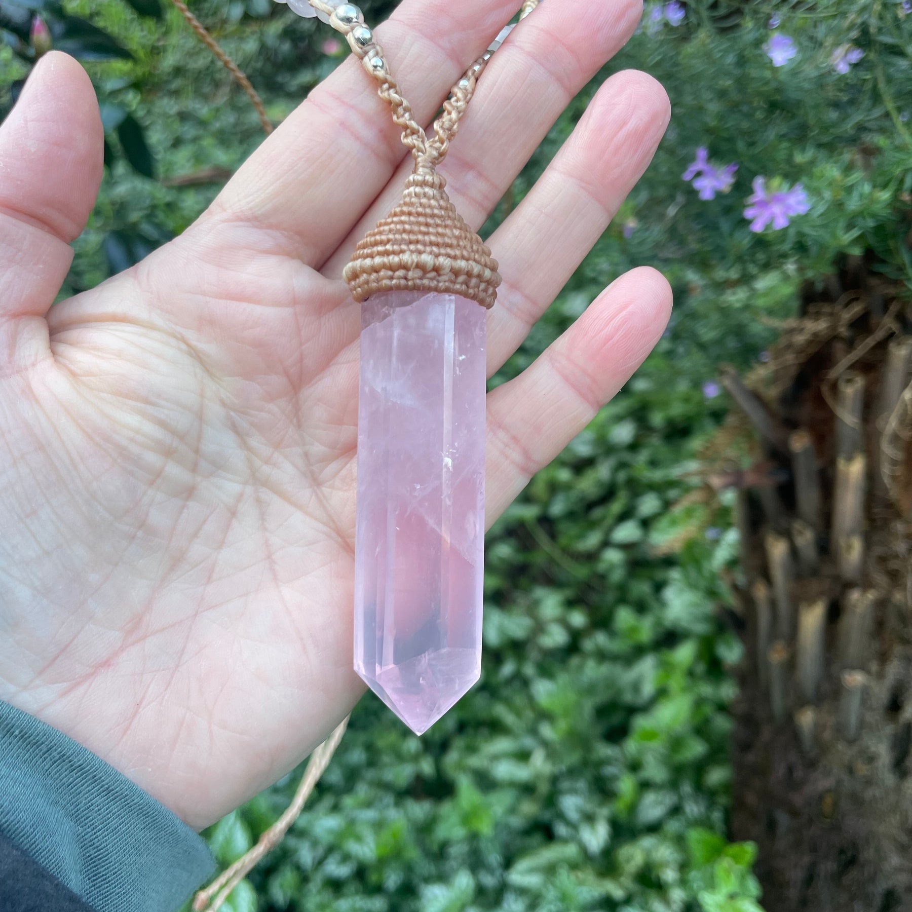 Rose quartz Pendant, double pointed crystal, Macrame necklace,