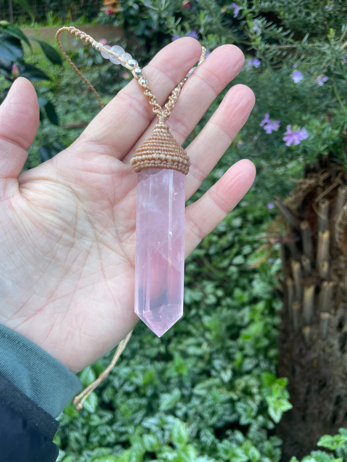 Rose quartz Pendant, double pointed crystal, Macrame necklace,