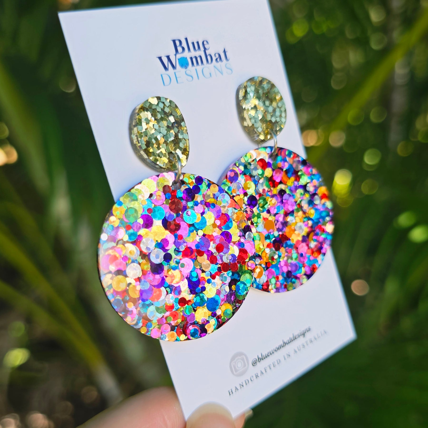 Round Resin Rainbow Glitter Dangle Earrings