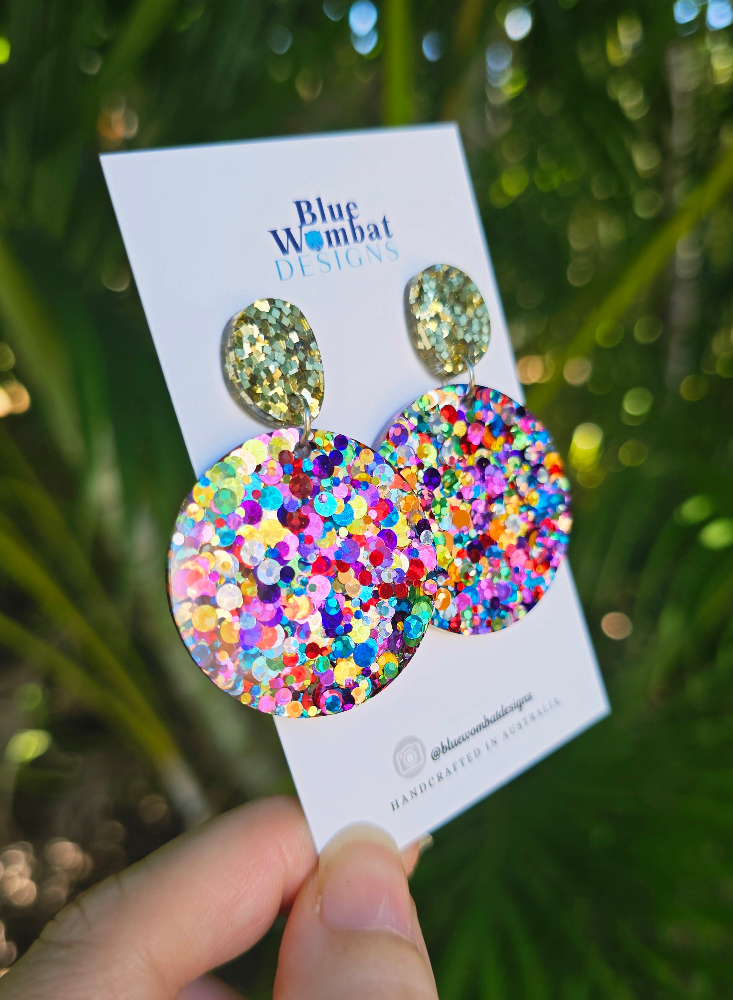 Round Resin Rainbow Glitter Dangle Earrings