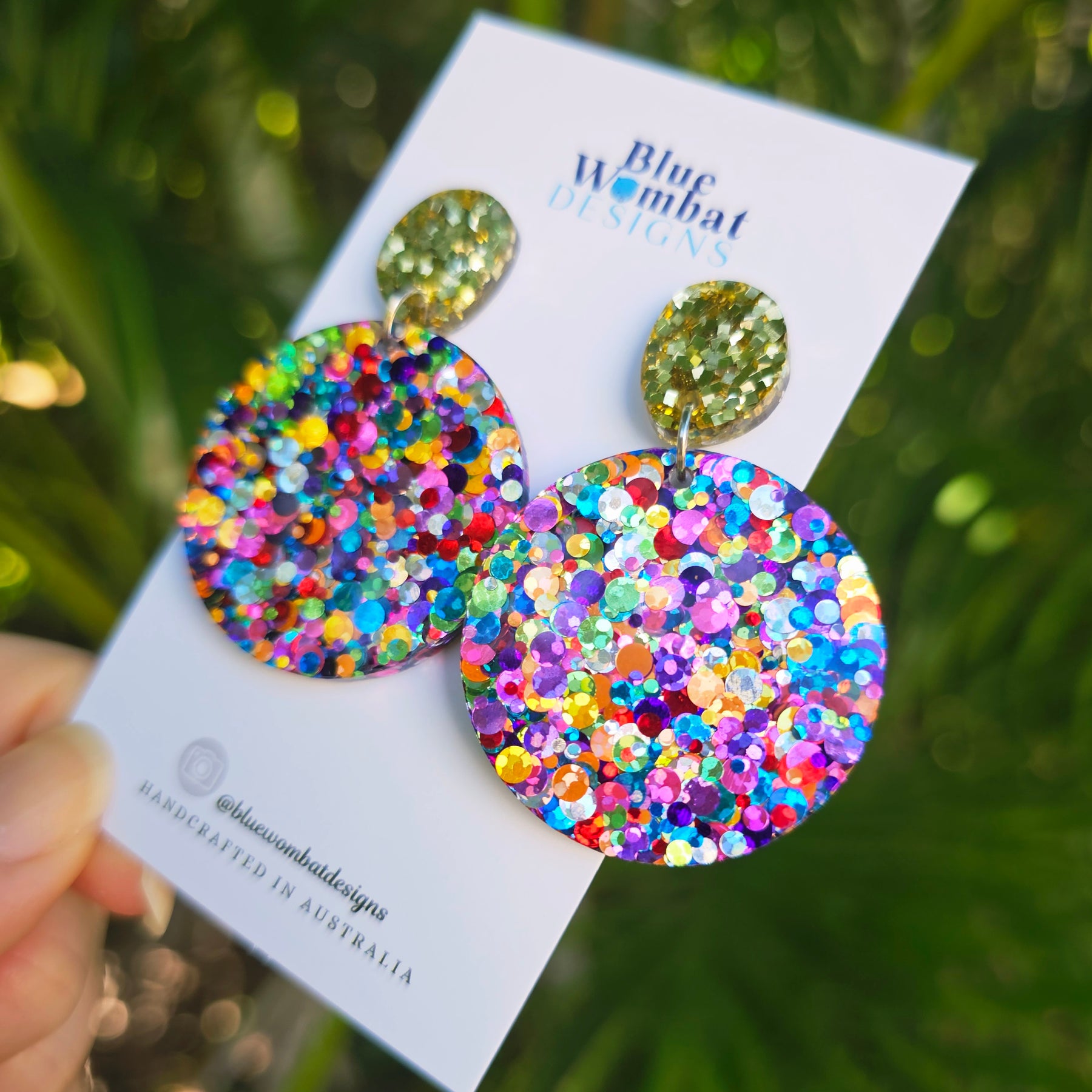 Round Resin Rainbow Glitter Dangle Earrings
