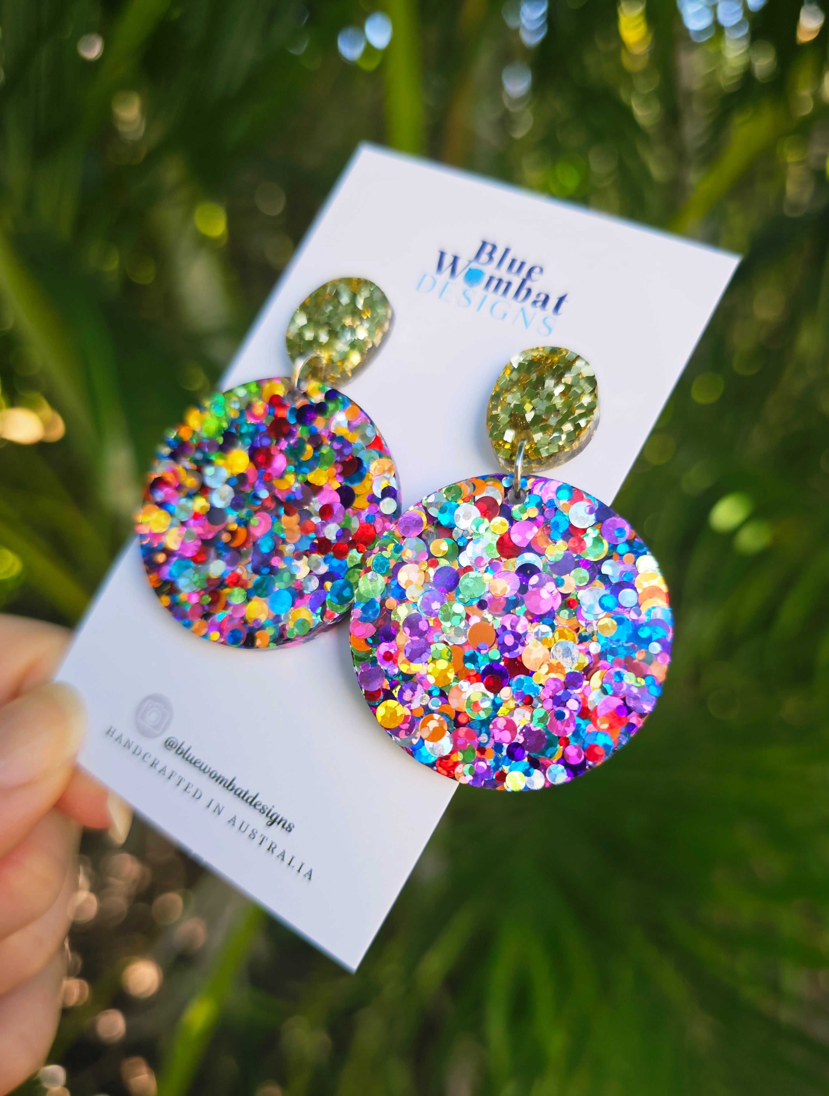Round Resin Rainbow Glitter Dangle Earrings