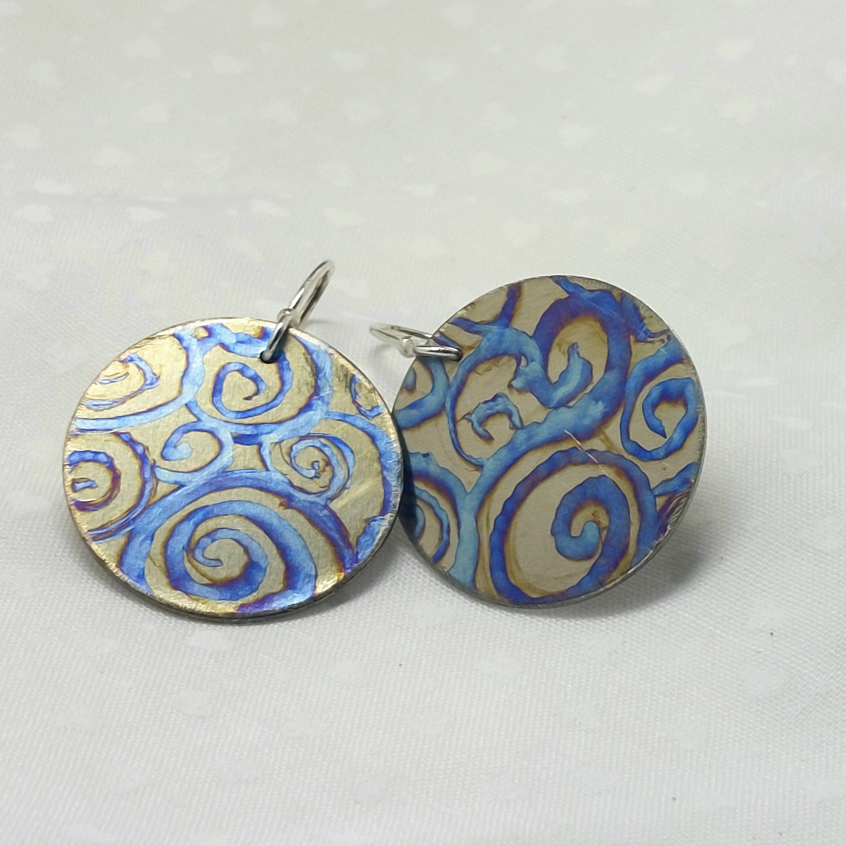 Titanium Disc Earrings- Watercolour Swirls Design Sterling Silver Hooks