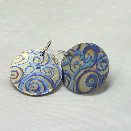 Titanium Disc Earrings- Watercolour Swirls Design Sterling Silver Hooks