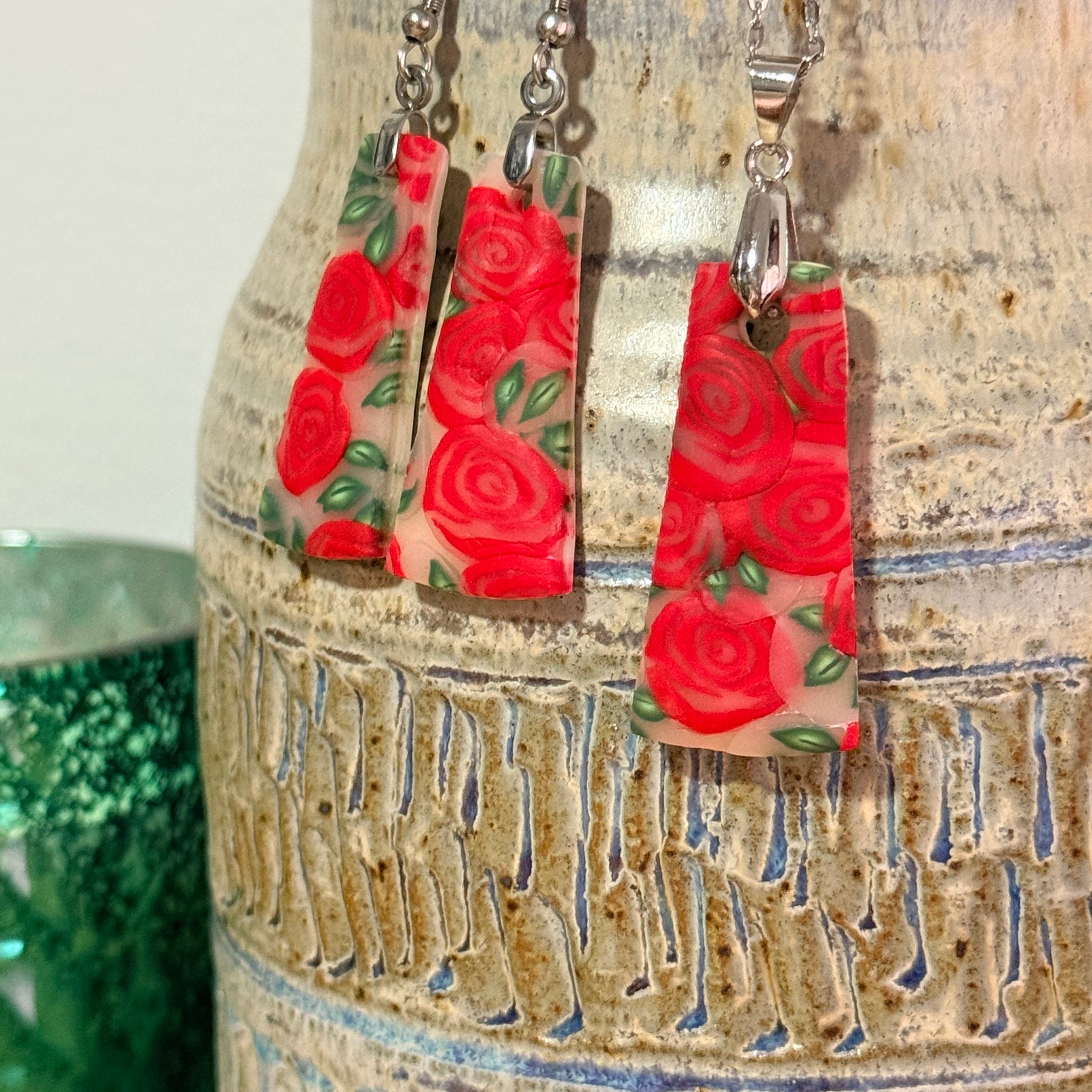 Polymer Clay Red Rose Jewellery Set – Earrings & Necklace