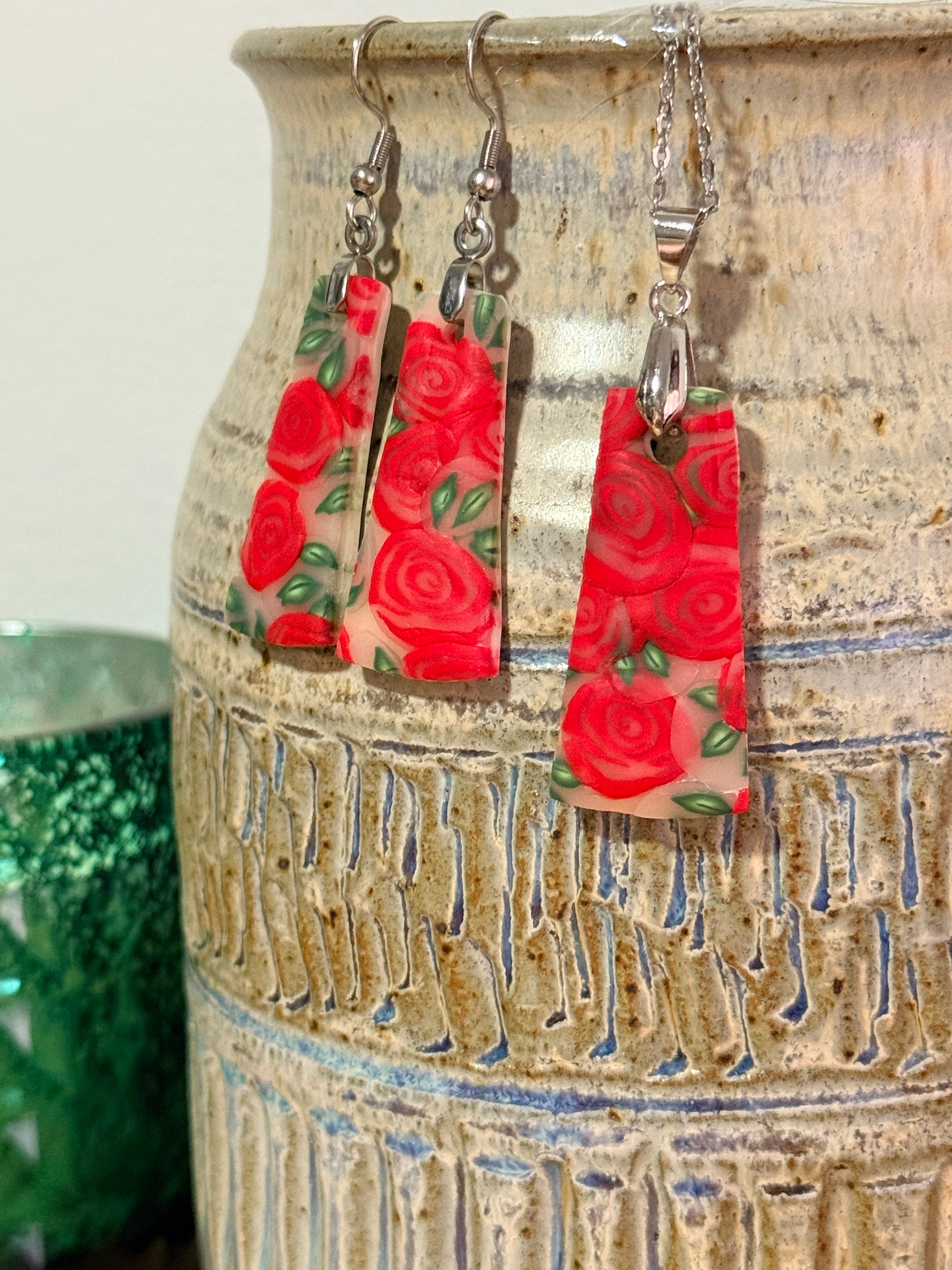 Polymer Clay Red Rose Jewellery Set – Earrings & Necklace