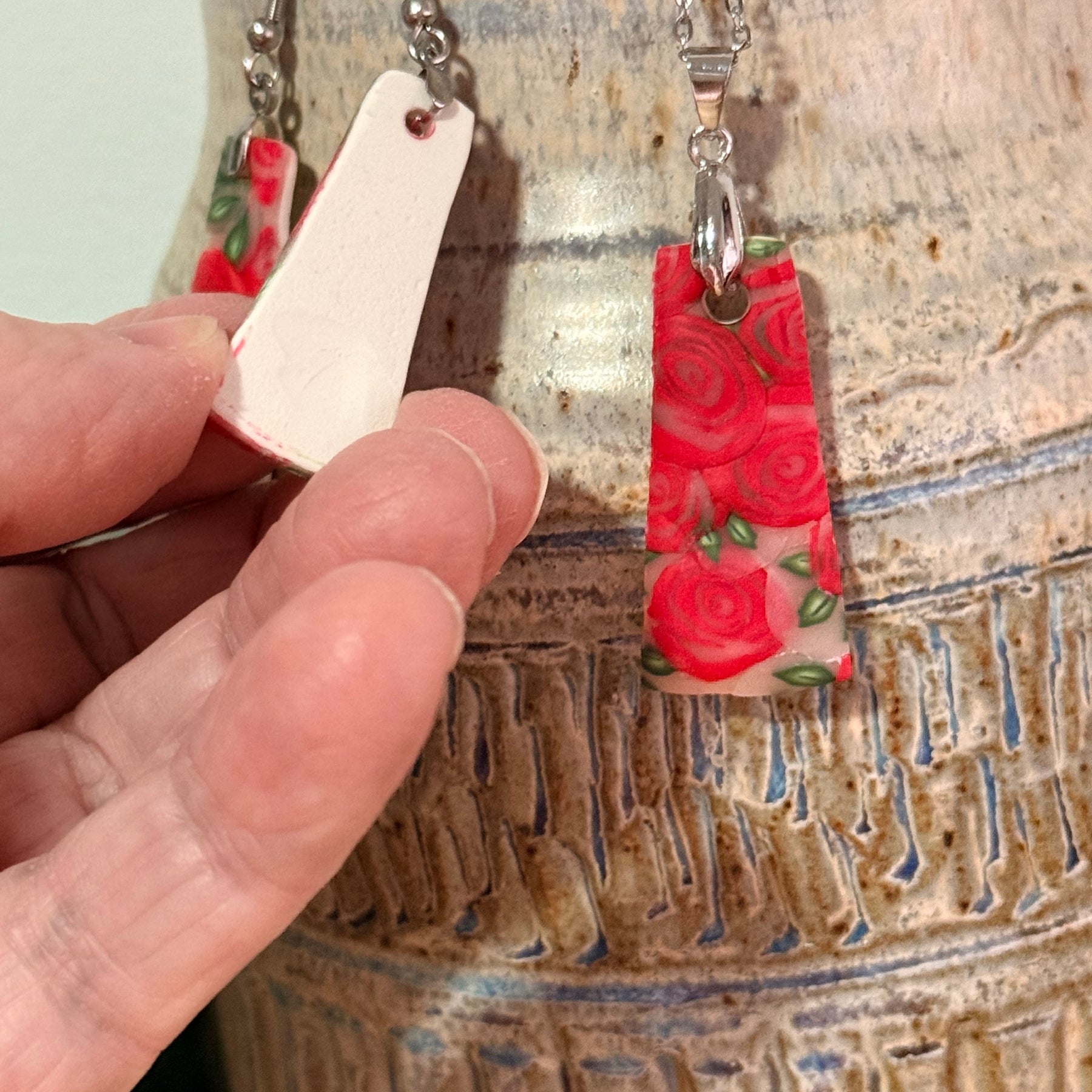 Polymer Clay Red Rose Jewellery Set – Earrings & Necklace