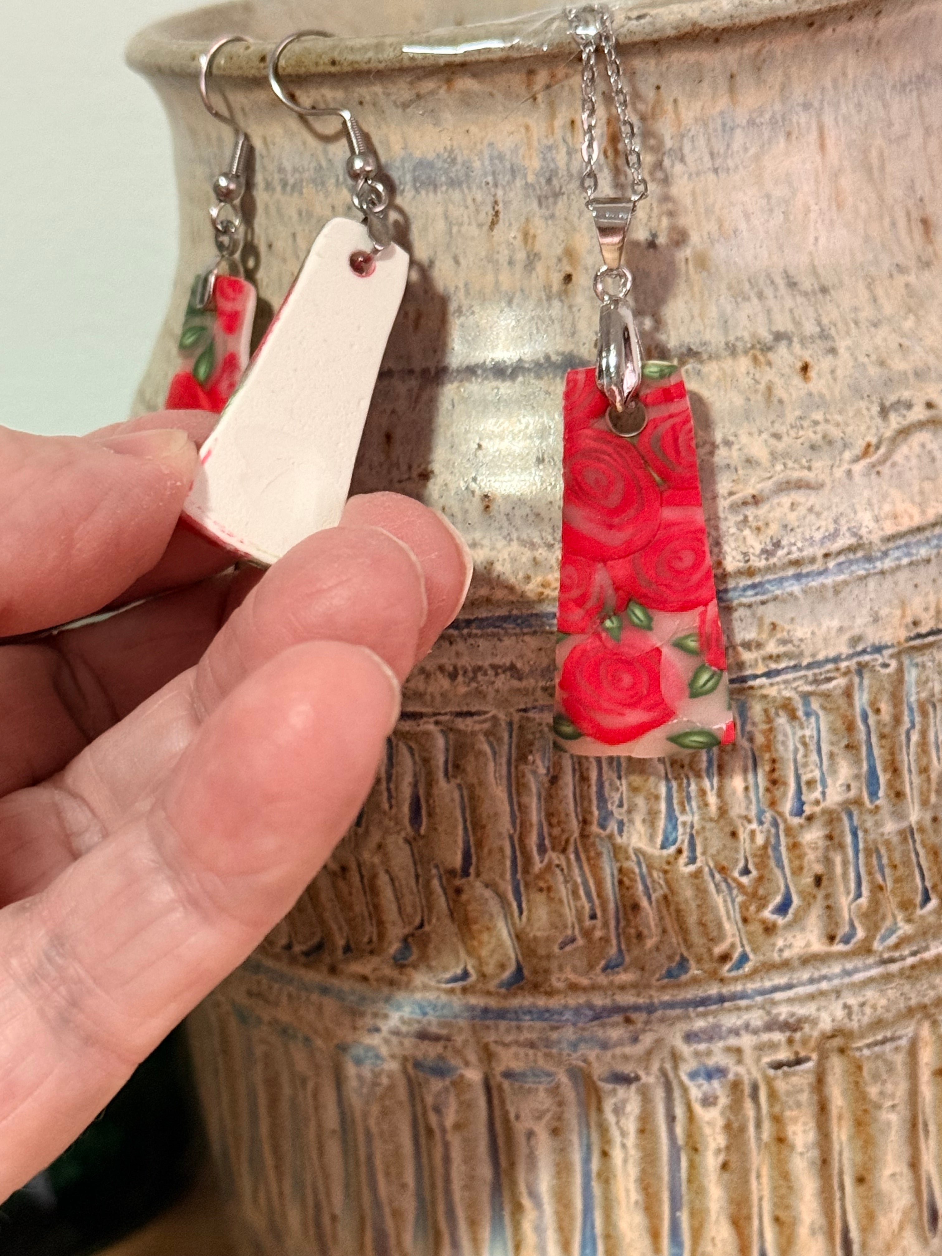 Polymer Clay Red Rose Jewellery Set – Earrings & Necklace