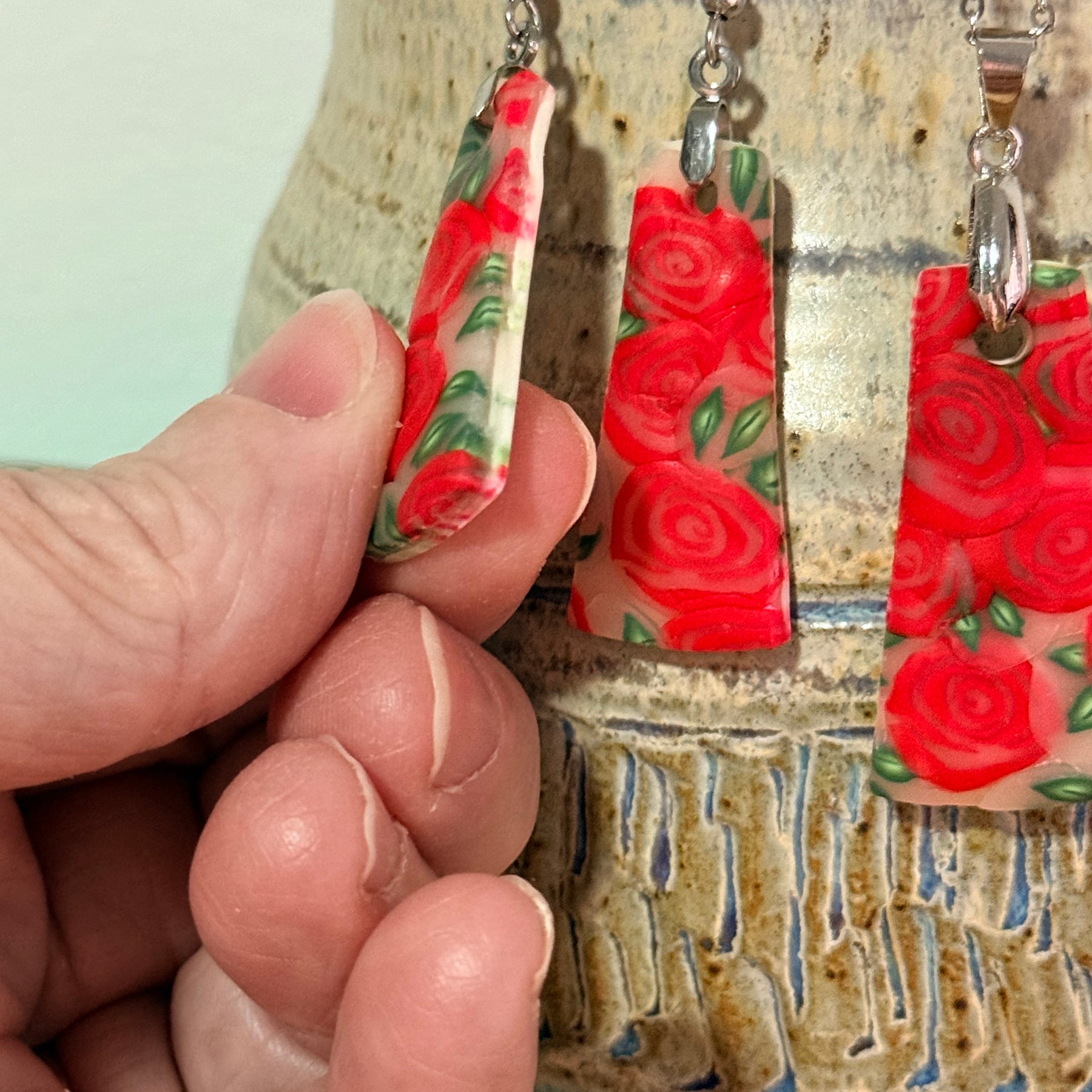 Polymer Clay Red Rose Jewellery Set – Earrings & Necklace