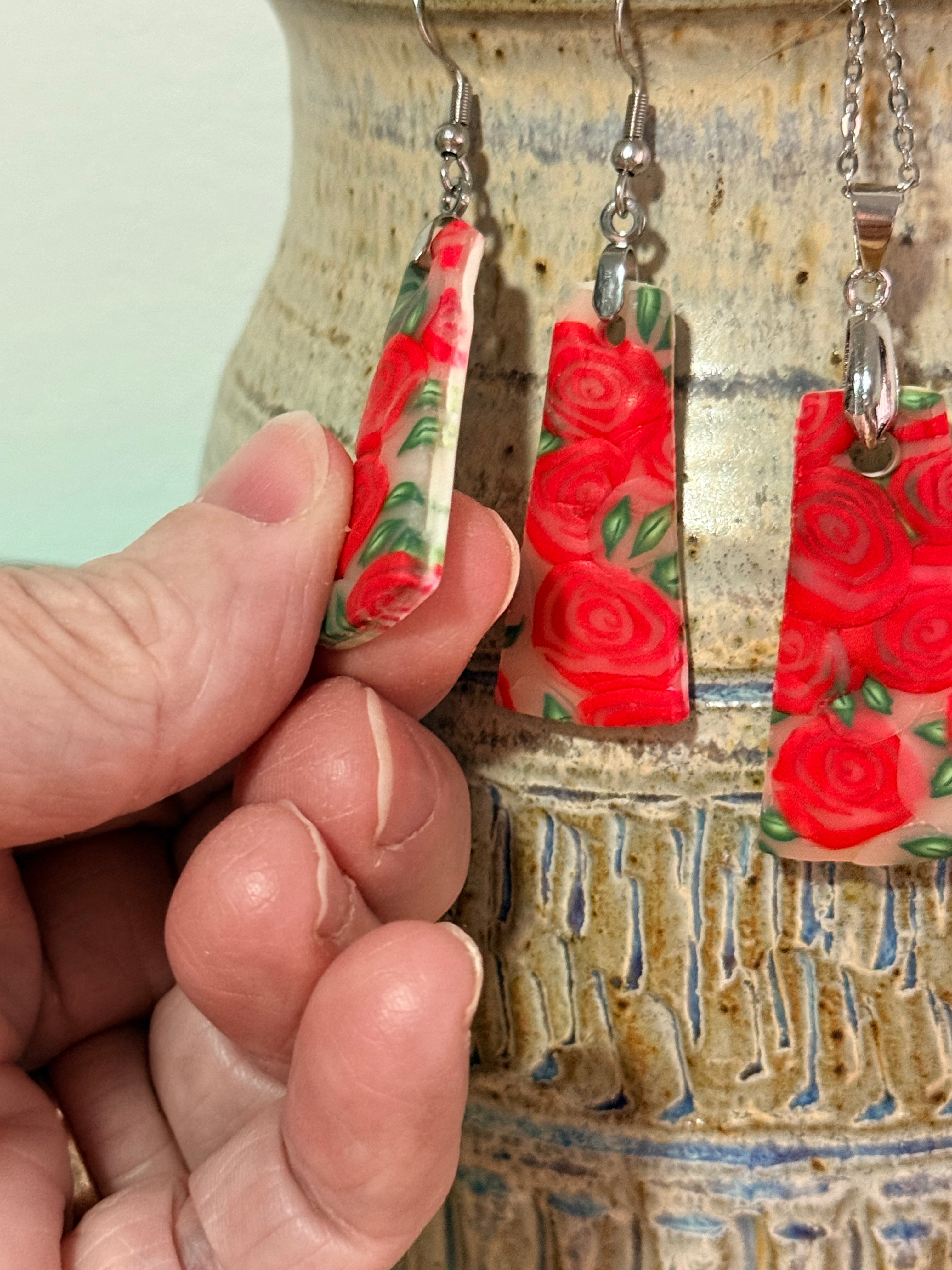 Polymer Clay Red Rose Jewellery Set – Earrings & Necklace