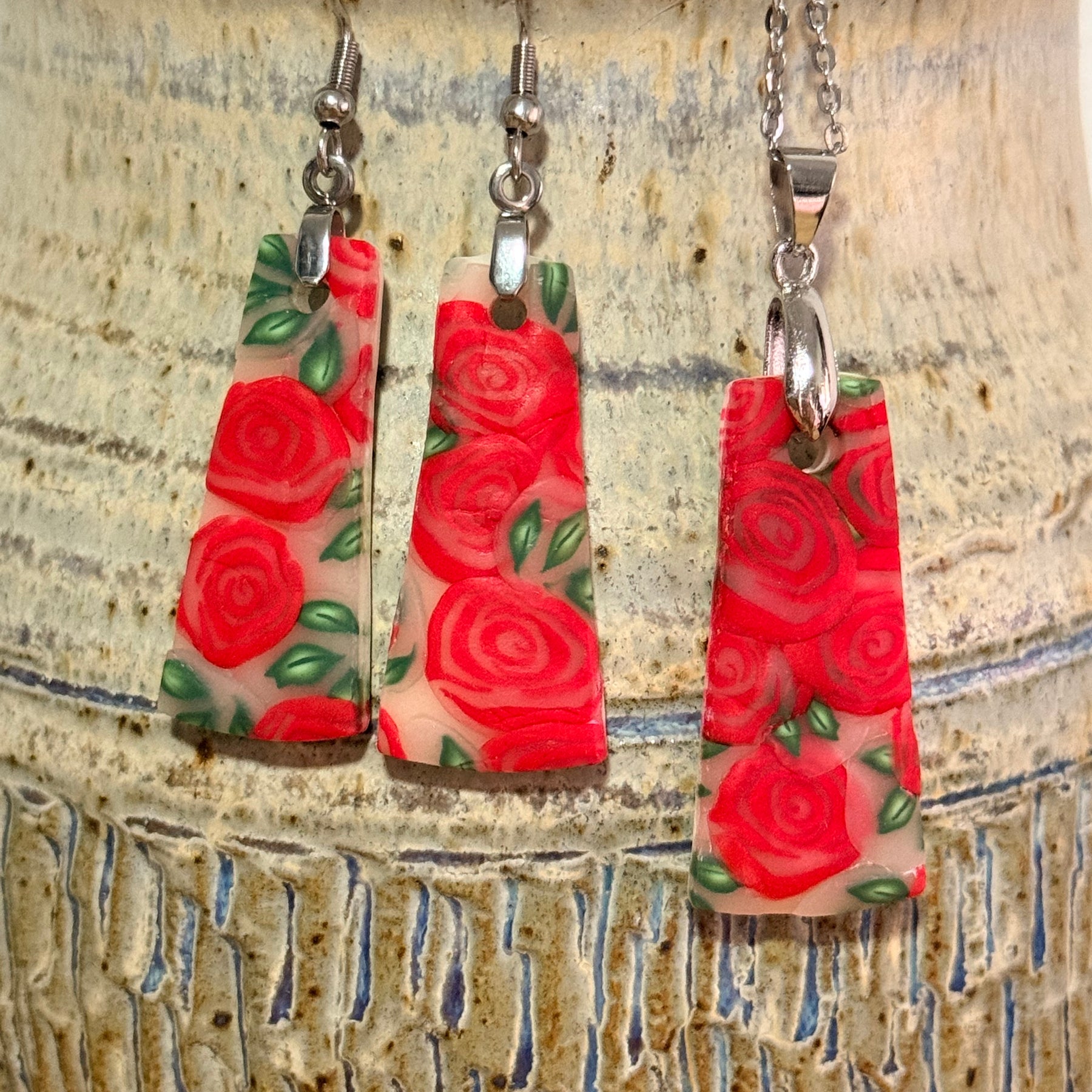 Polymer Clay Red Rose Jewellery Set – Earrings & Necklace