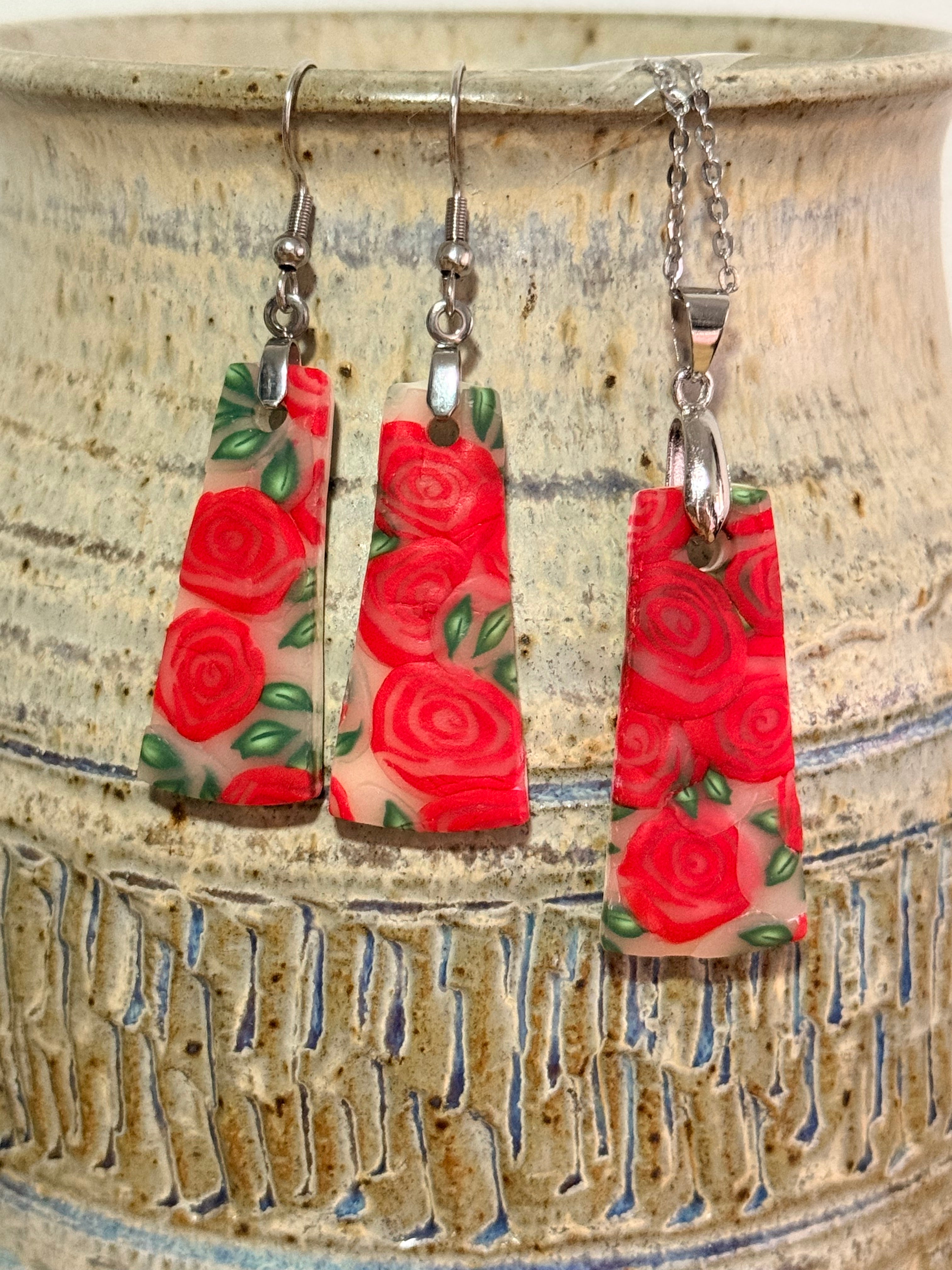 Polymer Clay Red Rose Jewellery Set – Earrings & Necklace