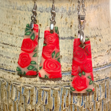 Polymer Clay Red Rose Jewellery Set – Earrings & Necklace