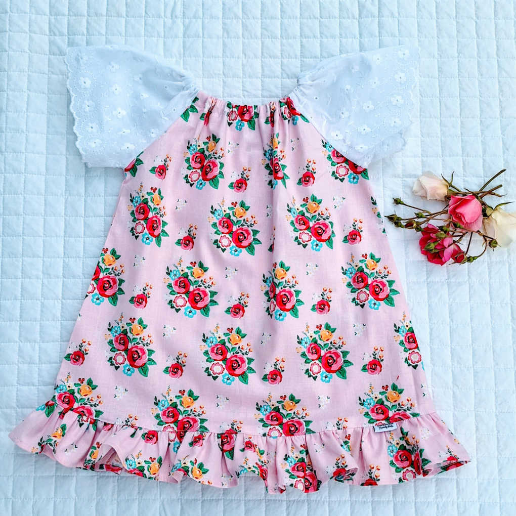 Girls Handmade Pink Floral Elastic Neckline Dress | Size 2