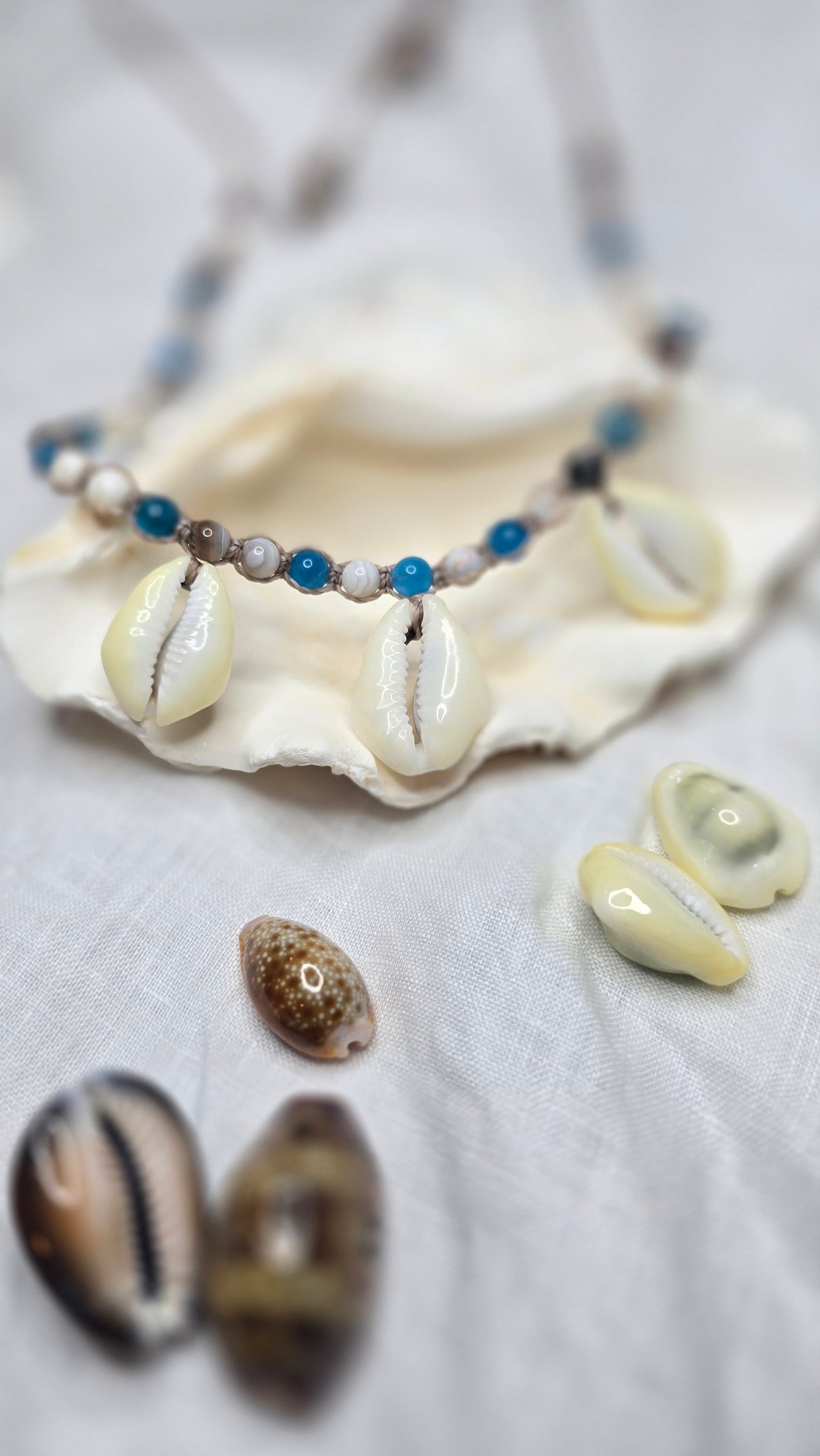 Cowrie Shell Macrame Necklace with Blue Apatite