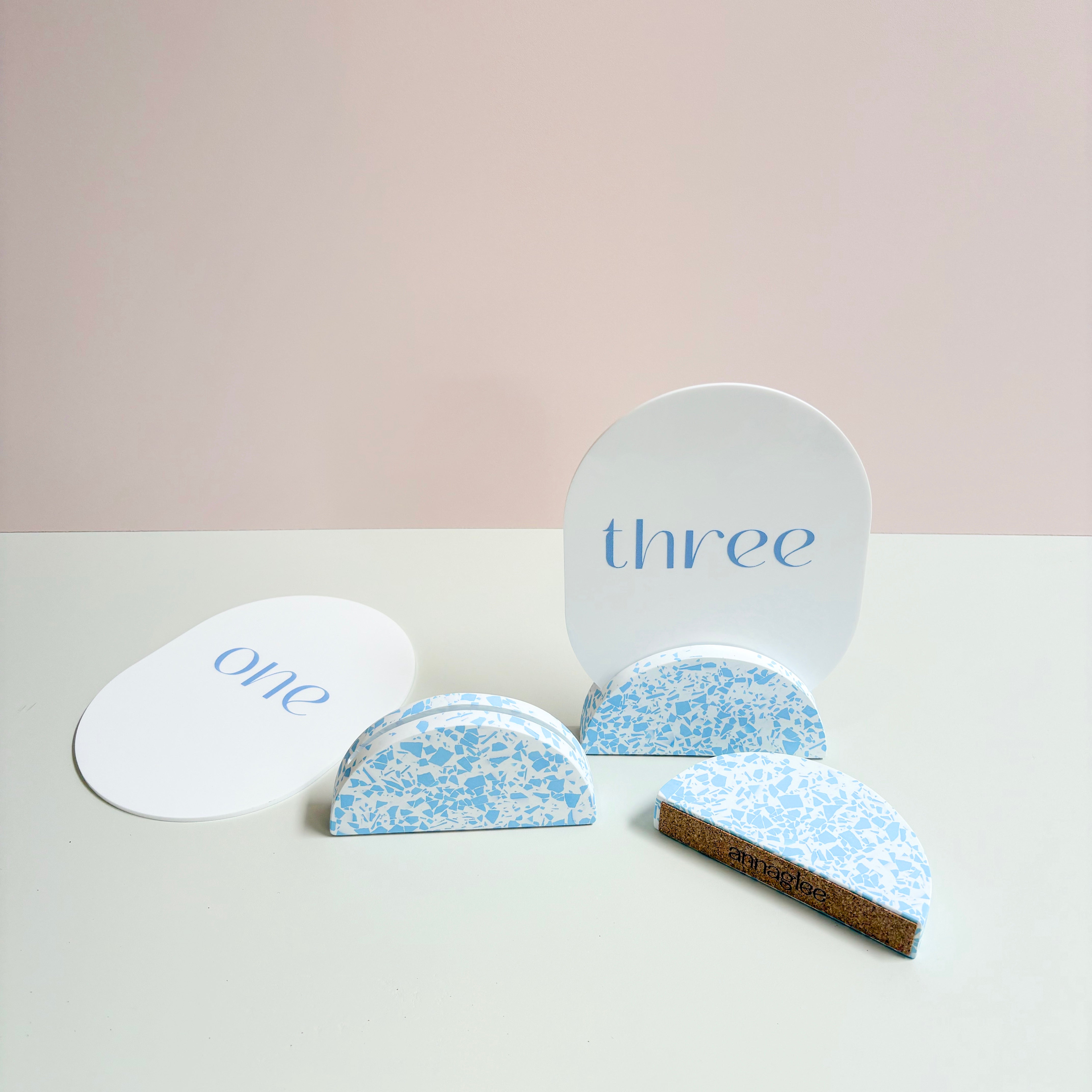 Wedding table numbers, blue and white eco resin terrazzo