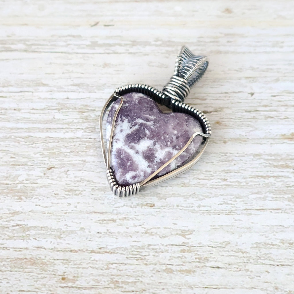 Sterling Silver Lepidolite and Quartz Heart Pendant ~ Invites You to Slow Down