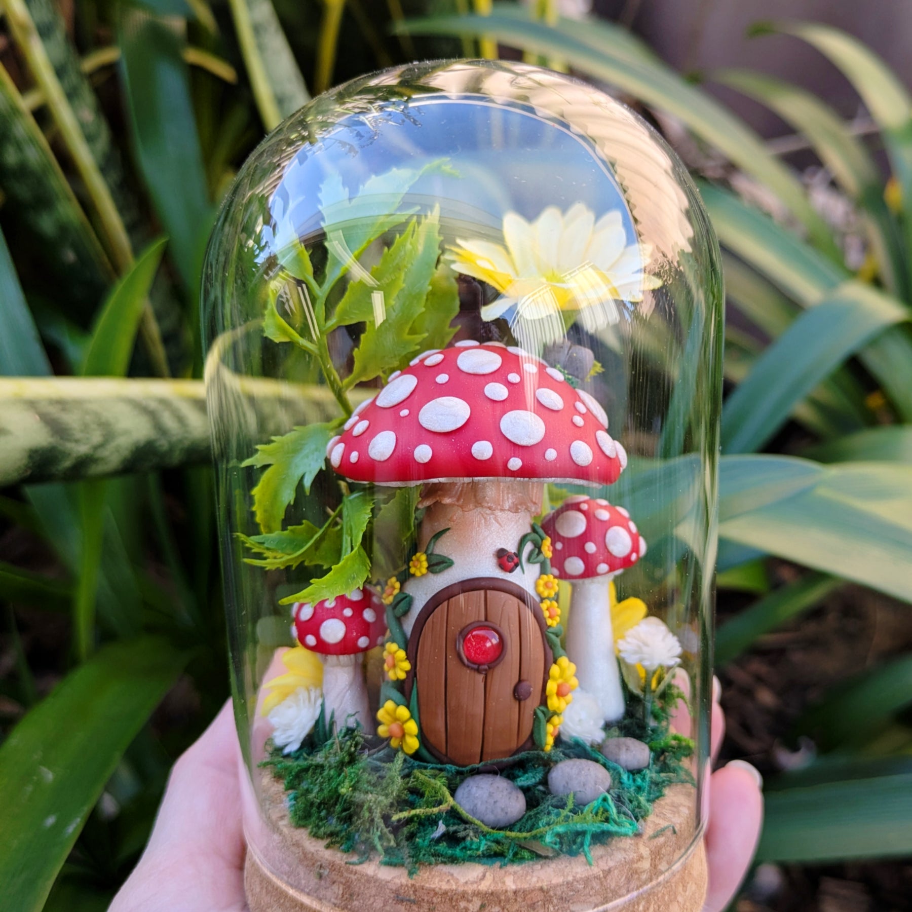 Enchanted Red Fairy Mushroom House in glass dome