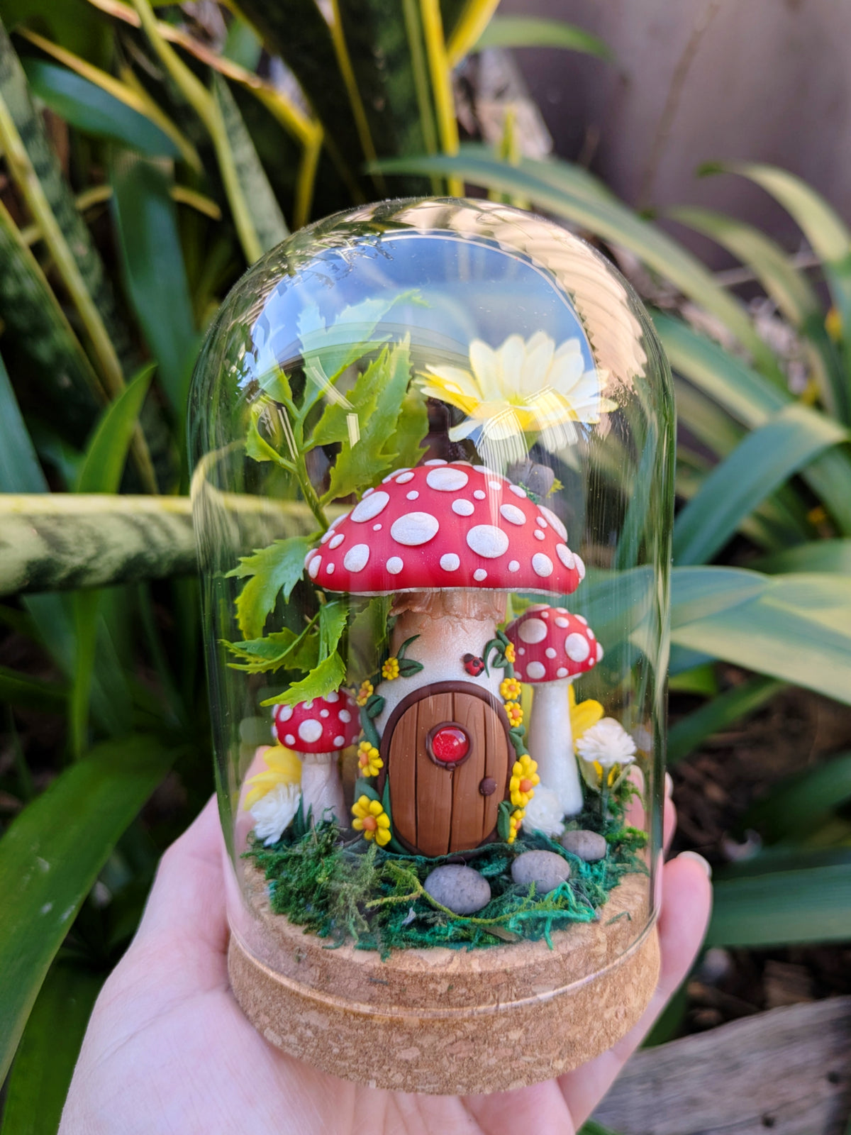 Enchanted Red Fairy Mushroom House in glass dome