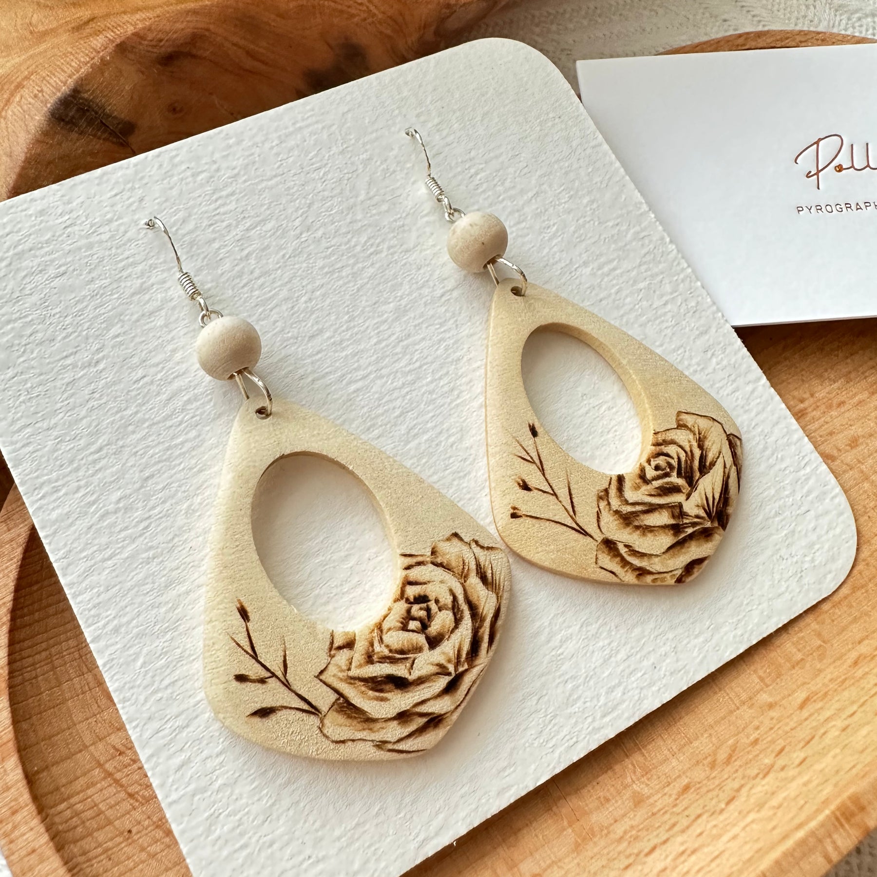 Flower Wood Earrings - Hand burnt Pyrography | Handmade Stunning Wooden Earrings HandBurnt