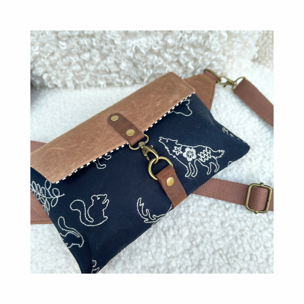 Haralson Belt Crossbody Bag - Embroidered Animals on Black