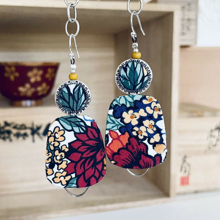 Large colourful floral textile earrings - 3cm x 8cm