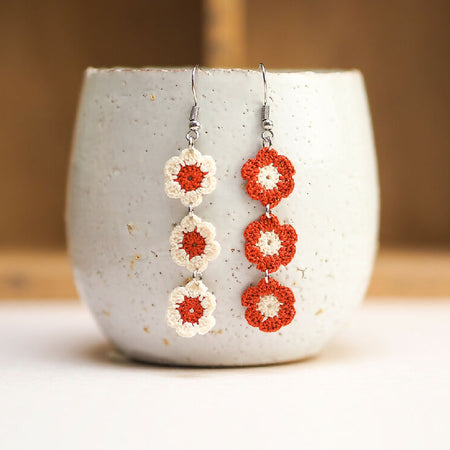 String of daisies micro-crochet earrings - dusky orange and ivory