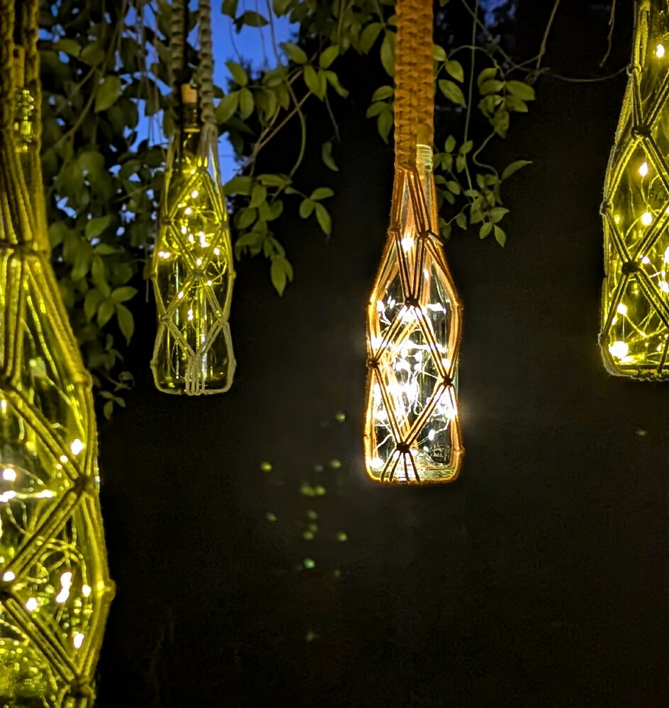 Macrame hanging wine bottle lights