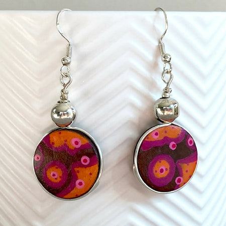 Hand-painted wood and silver dangle earrings