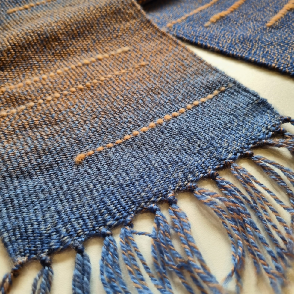 australian-artist-handmade-handwoven-blue-peach-wool-scarf-5