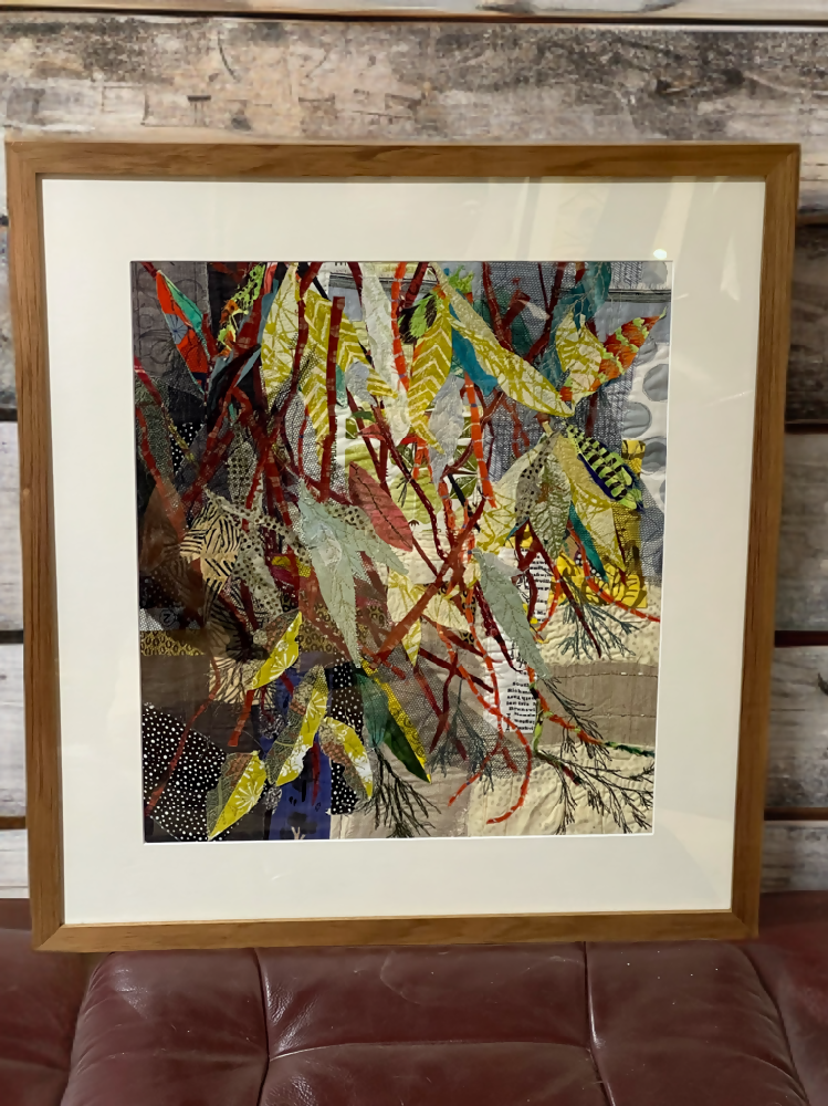 Eucalyptus Leaves - Framed Textile Art, machine embroidery
