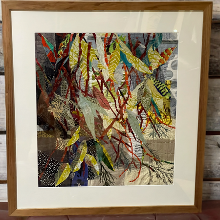 Eucalyptus Leaves - Framed Textile Art, machine embroidery