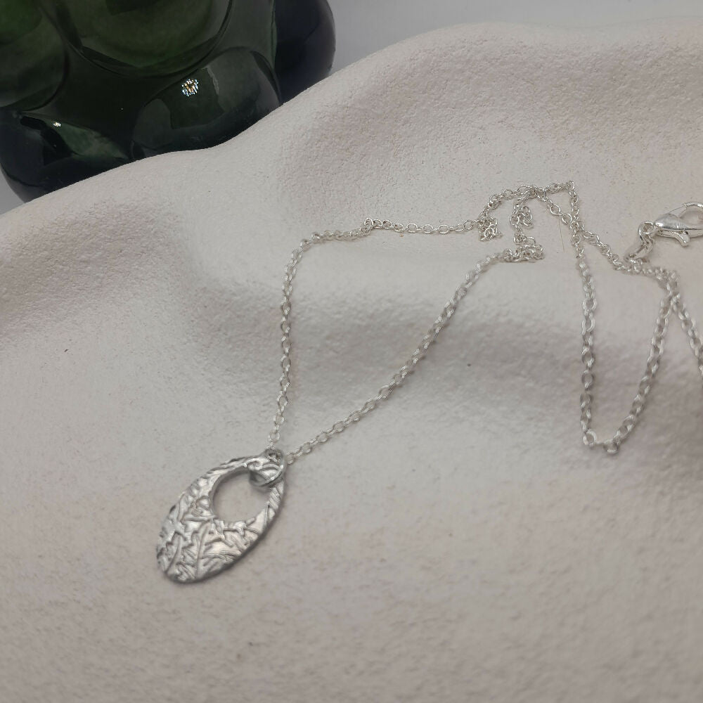 Fine silver necklace pendant oval leaves- upcycled chain