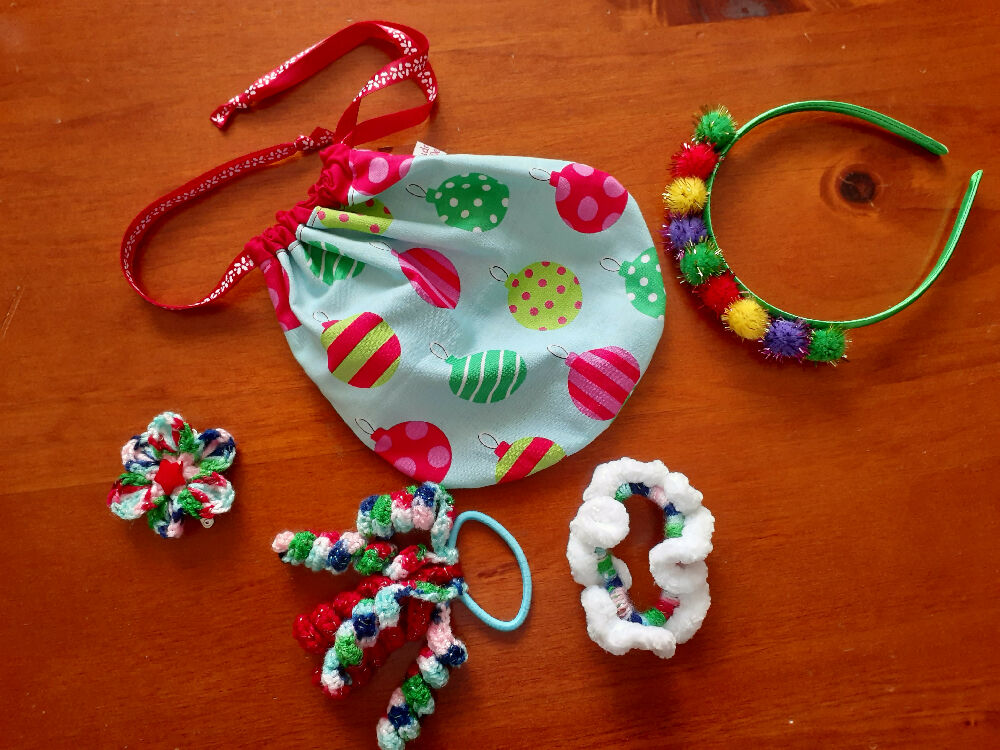 Children's Drawstring Christmas Bags with Hair Accessories