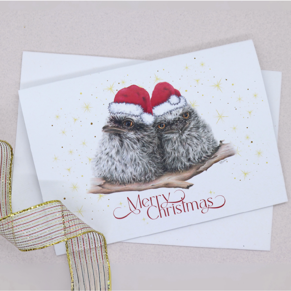 Australian-artist-christmas-card-tawny-frogmouth-chicks-front