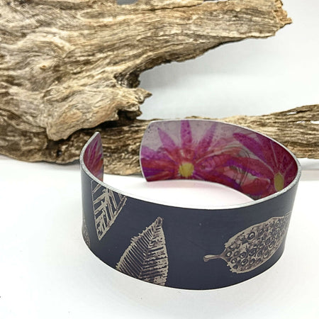 Printed and dyed grey leaf anodized aluminium bangle