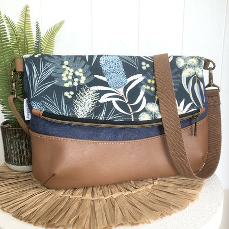 Fold Over Bag in Tan Leather, Canvas and Moonlight Flora Fabric