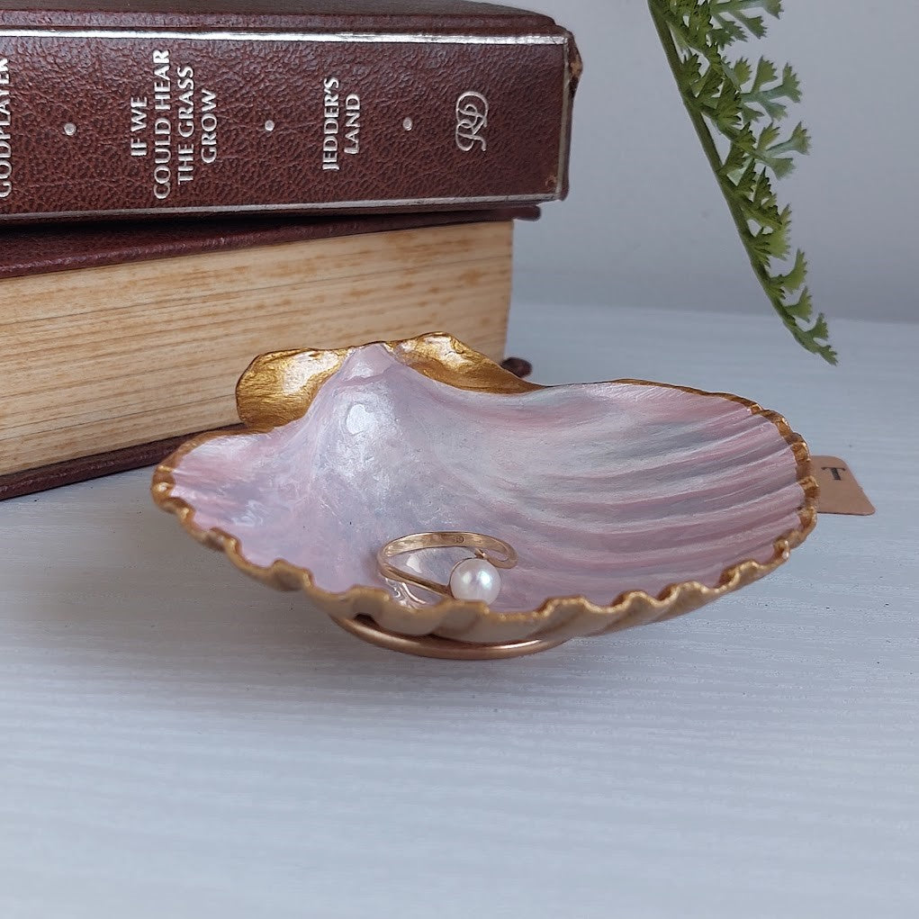 Real Shell trinket dish - Hand Painted Coastal Décor - Pink Scallop Shell
