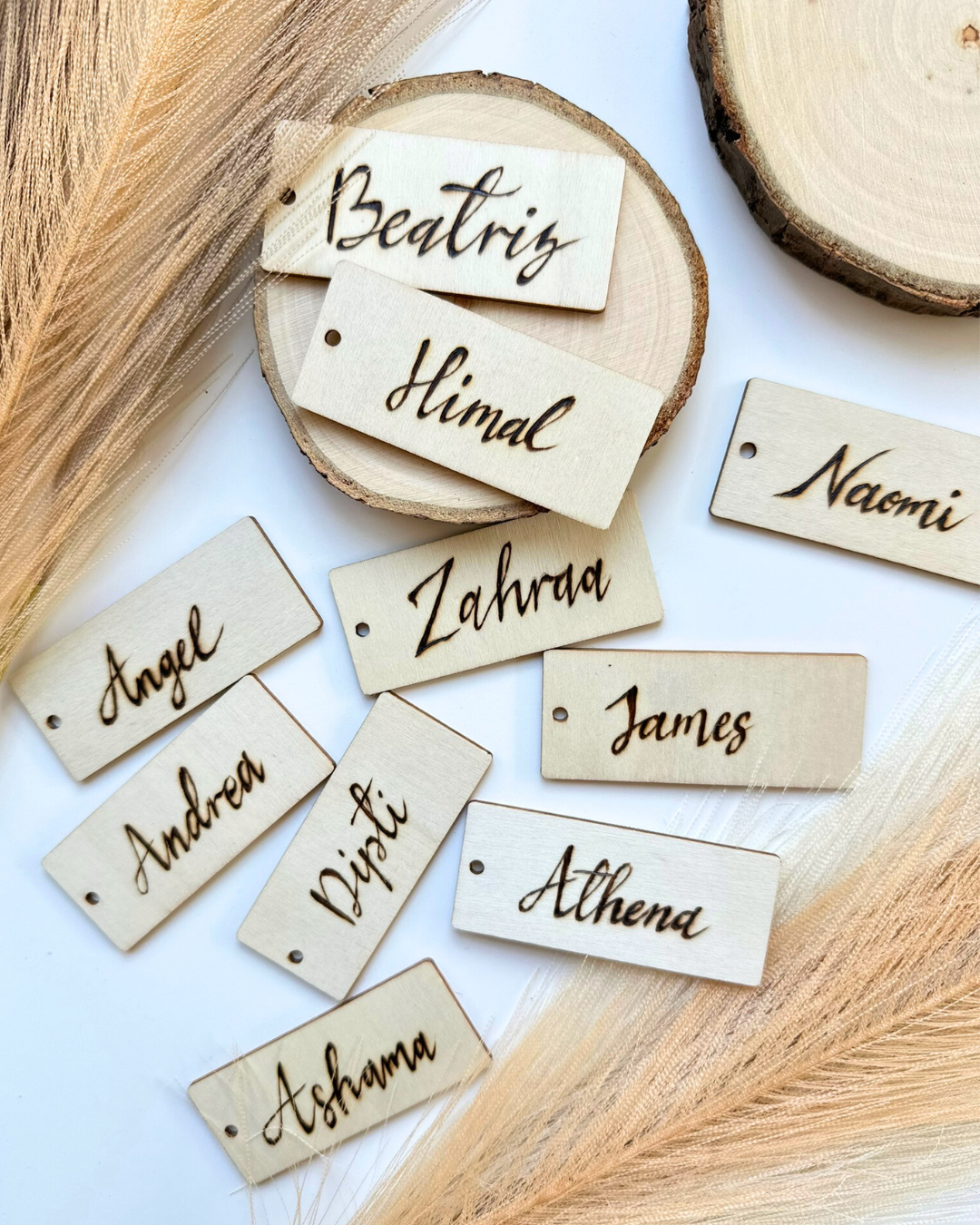 Wedding Table Decor & School Kids Gift | Personalised Name Tag Wood Keyring – Handmade Pyrography Wedding place card