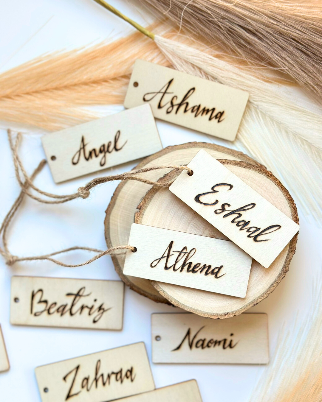 Wedding Table Decor & School Kids Gift | Personalised Name Tag Wood Keyring – Handmade Pyrography Wedding place card