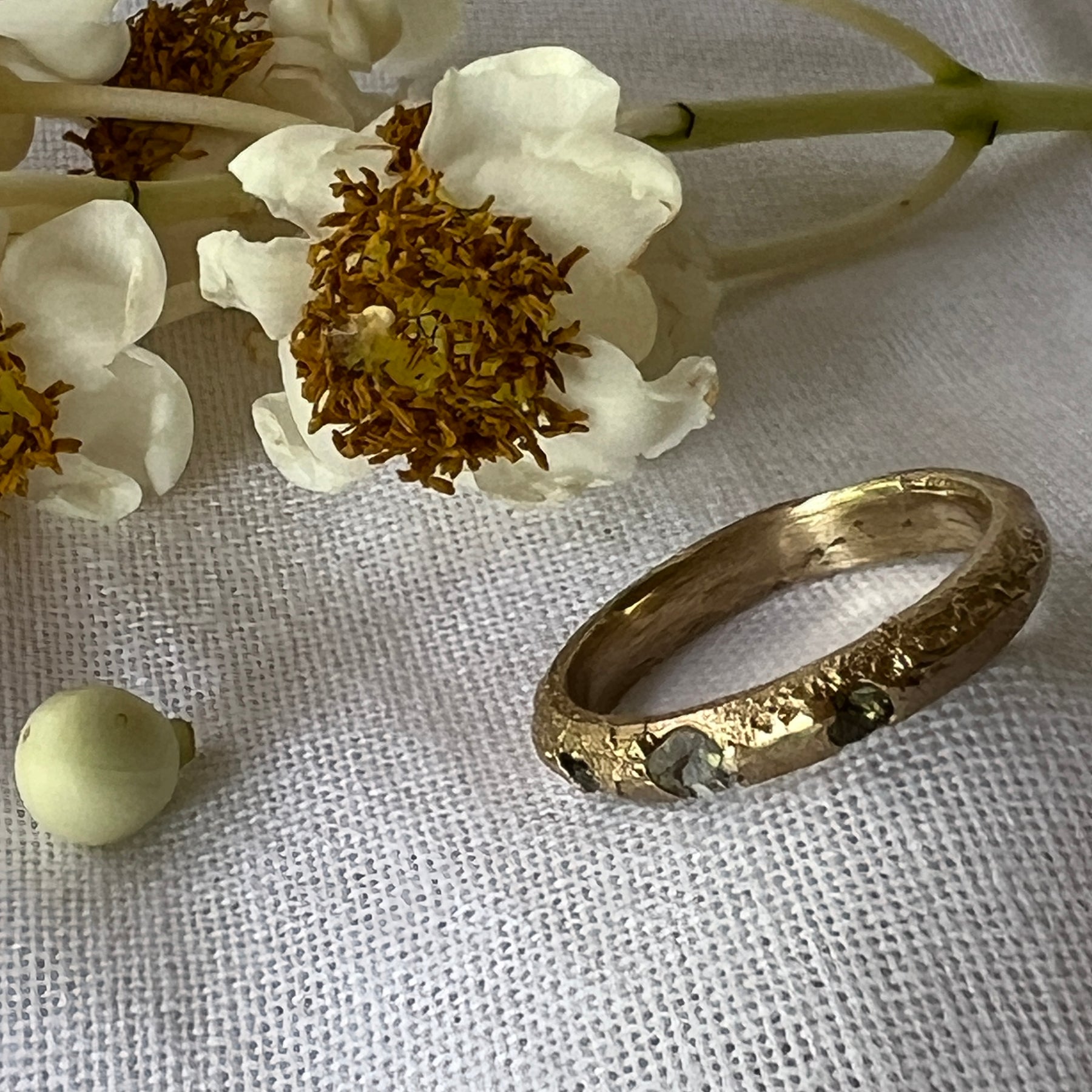 “Coastal Grass” - 9ct recycled gold ring (Size “R”) with Queensland Sapphires & Topaz