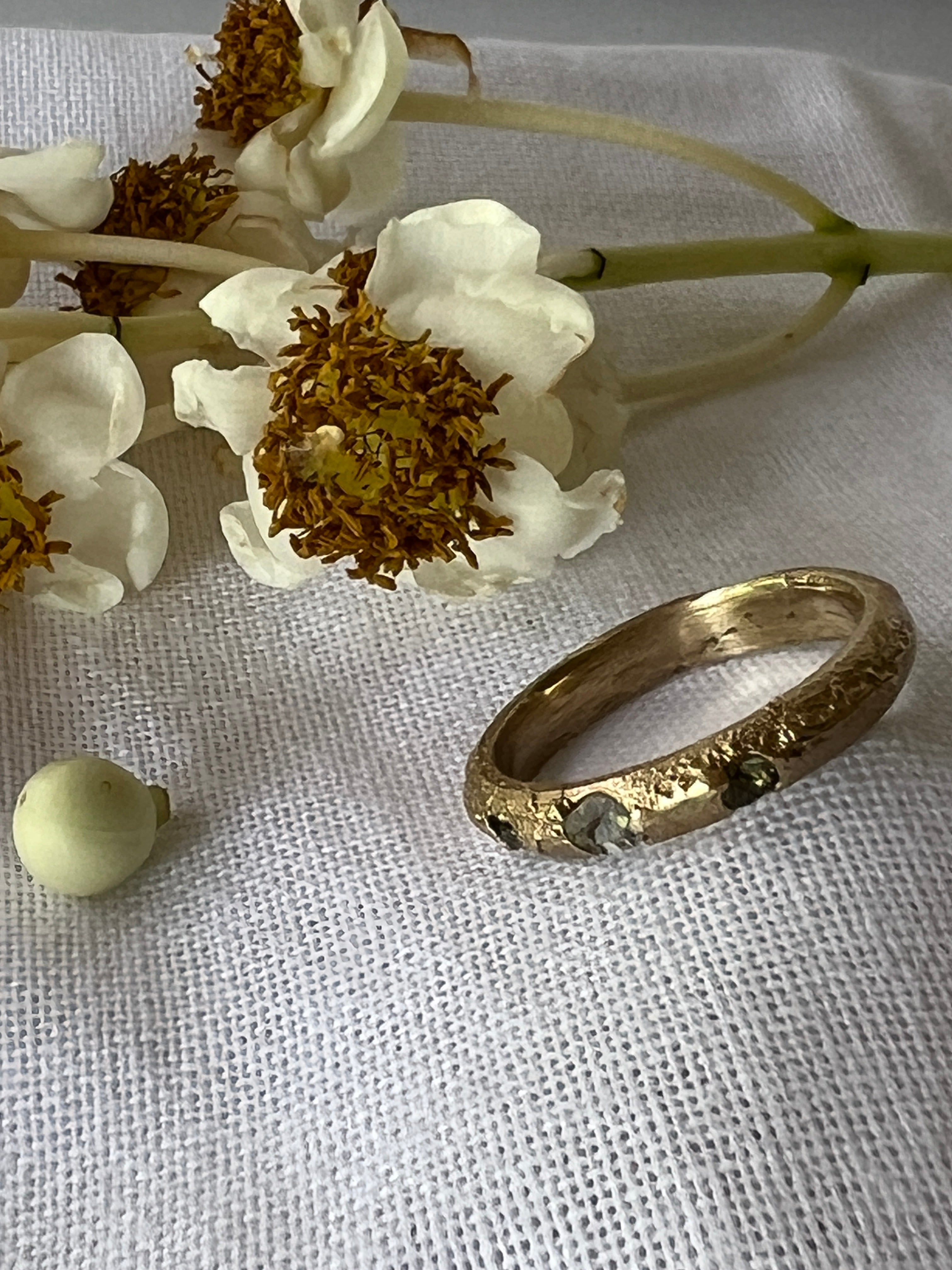 “Coastal Grass” - 9ct recycled gold ring (Size “R”) with Queensland Sapphires & Topaz