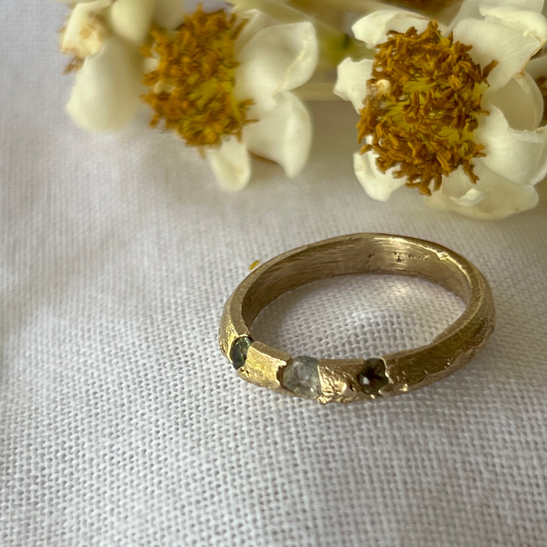 “Coastal Grass” - 9ct recycled gold ring (Size “R”) with Queensland Sapphires & Topaz