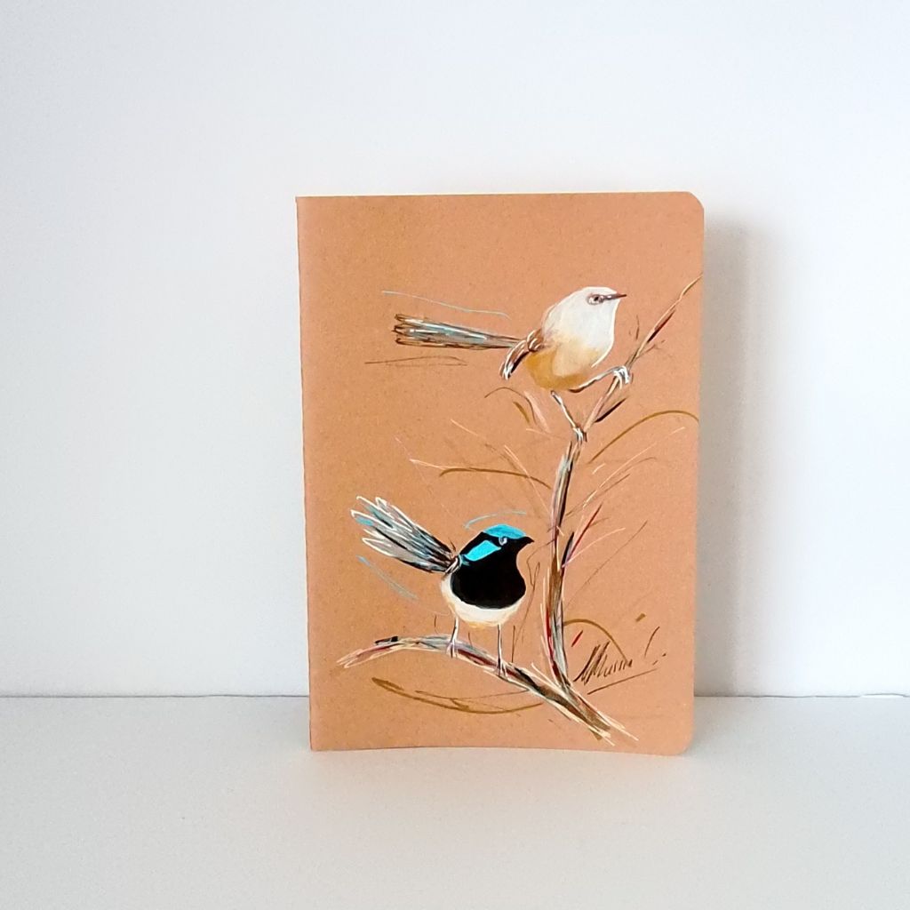 Blue Wren Handpainted Cotton-Bound Notebooks - Size A5 Lined