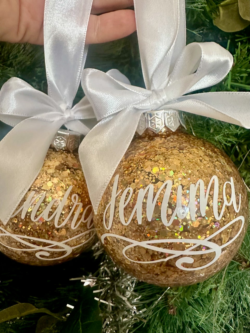 Personalised Christmas Baubles, Glitter Ornament With Names And Message