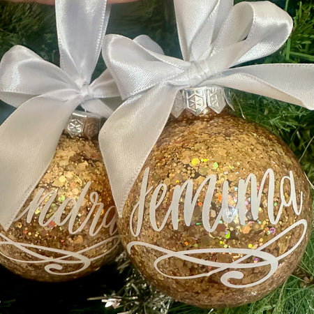 Personalised Christmas Baubles, Glitter Ornament With Names And Message